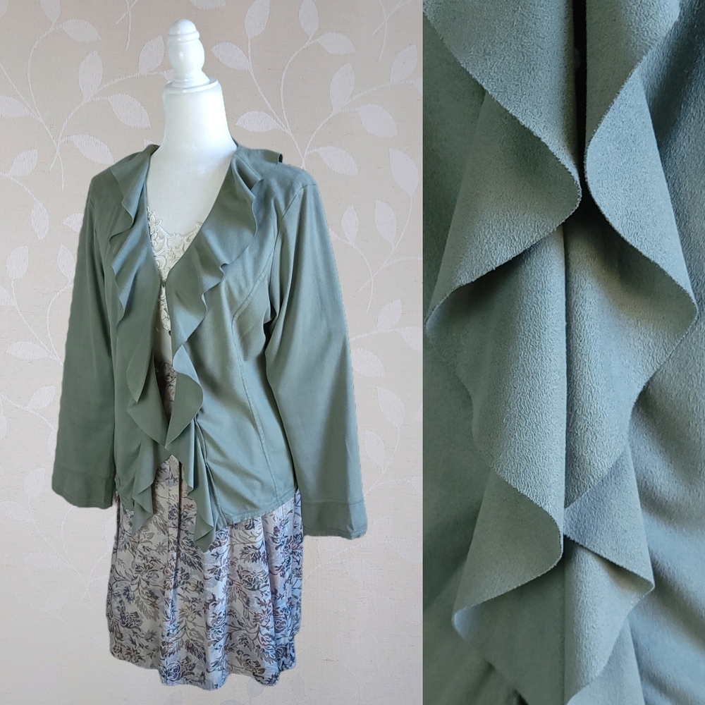 J. Jill Ruffle Cardigan Whimsigoth Green Faux Suede Romantic Academia Jacket M